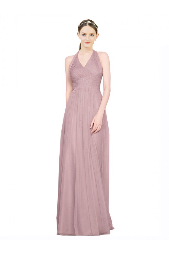 Ruffled Halter V-Neck Long Tulle Bridesmaid Dress with Pleats