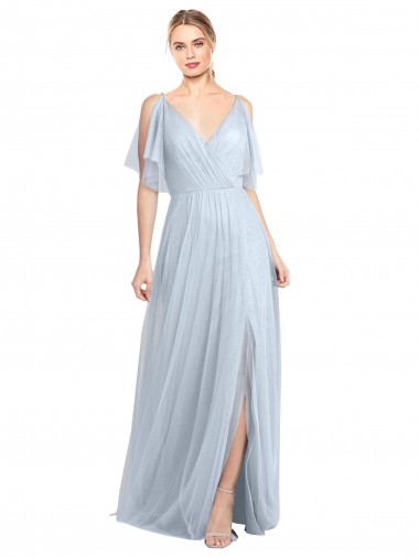Shop Floor Length Flutter Sleeves Long Tulle Bridesmaid Dress with Side Slit Melbourne