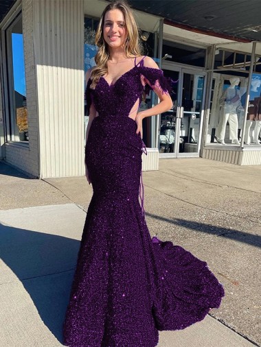 Cold Shoulder Sleeveless Long Court Train Velvet Sequin Prom Dress Melbourne