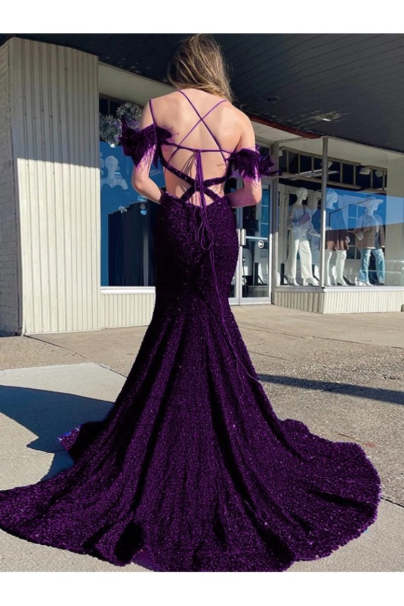 Cold Shoulder Sleeveless Long Court Train Velvet Sequin Prom Dress Melbourne