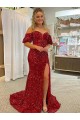 Off the Shoulder Short Sleeves Long Floor Length Velvet Sequin Prom Dress with High Slit Melbourne