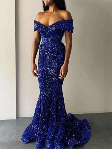 Mermaid Off the Shoulder Sleeveless Long Sweep Train Velvet Sequin Prom Dress Melbourne