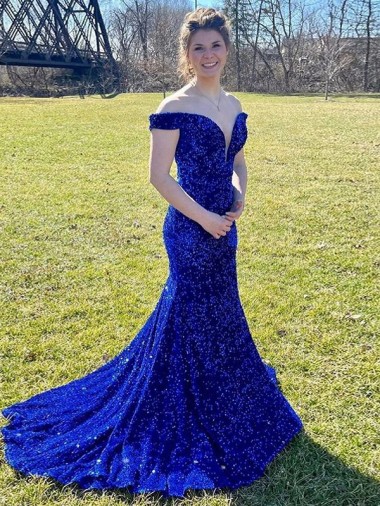 Off the Shoulder Sleeveless Long Sweep Train Velvet Sequin Prom Dress Melbourne