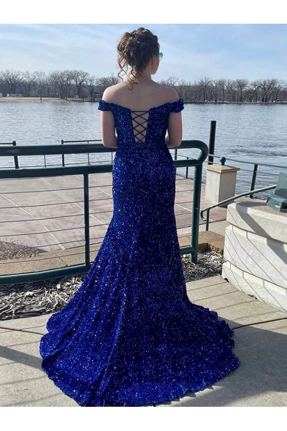 Off the Shoulder Sleeveless Long Sweep Train Velvet Sequin Prom Dress Melbourne