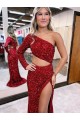 Mermaid One Shoulder Long Sleeves Long Sweep Train Velvet Sequin Prom Dress with High Slit Melbourne