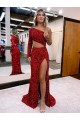 Mermaid One Shoulder Long Sleeves Long Sweep Train Velvet Sequin Prom Dress with High Slit Melbourne