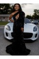 One Shoulder Long Sleeves Long Sweep Train Velvet Sequin Prom Dress Melbourne