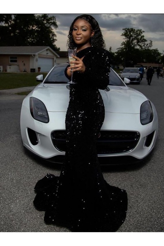 One Shoulder Long Sleeves Long Sweep Train Velvet Sequin Prom Dress Melbourne