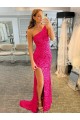 One Shoulder Sleeveless Long Velvet Sequin Prom Dress with High Slit Melbourne