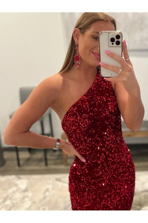 Open Back One Shoulder Sleeveless Long Sweep Train Velvet Sequin Prom Dress Melbourne