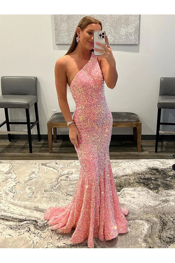 Open Back One Shoulder Sleeveless Long Sweep Train Velvet Sequin Prom Dress Melbourne