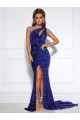 Mermaid One Shoulder Sleeveless Long Court Train Velvet Sequin Prom Dress with Slit Melbourne