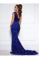 Mermaid One Shoulder Sleeveless Long Court Train Velvet Sequin Prom Dress with Slit Melbourne