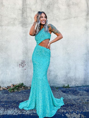 Mermaid One Shoulder Sleeveless Long Sweep Train Velvet Sequin Prom Dress Melbourne