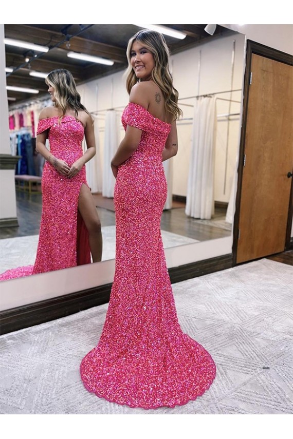One Shoulder Sleeveless Long Sweep Train Velvet Sequin Prom Dress with Side Slit Melbourne