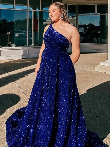 A-Line One Shoulder Sleeveless Long Sweep Train Velvet Sequin Prom Dress with Pockets Melbourne