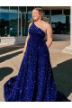 A-Line One Shoulder Sleeveless Long Sweep Train Velvet Sequin Prom Dress with Pockets Melbourne
