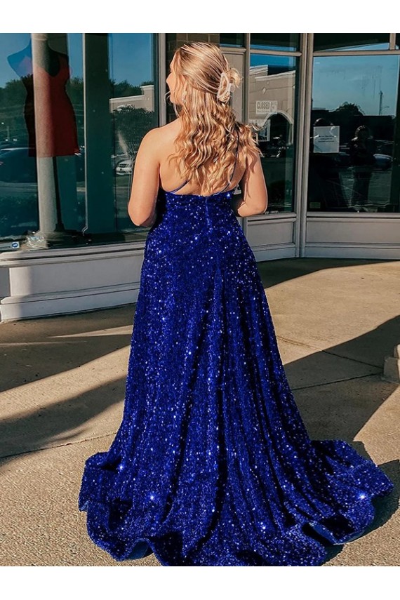 A-Line One Shoulder Sleeveless Long Sweep Train Velvet Sequin Prom Dress with Pockets Melbourne