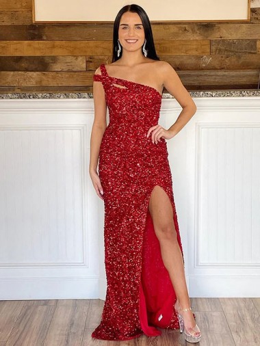 One Shoulder Sleeveless Long Sweep Train Velvet Sequin Prom Dress Melbourne