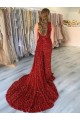 One Shoulder Sleeveless Long Court Train Velvet Sequin Prom Dress with Slit Melbourne