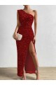 One Shoulder Sleeveless Long Floor Length Velvet Sequin Prom Dress with Slit Melbourne