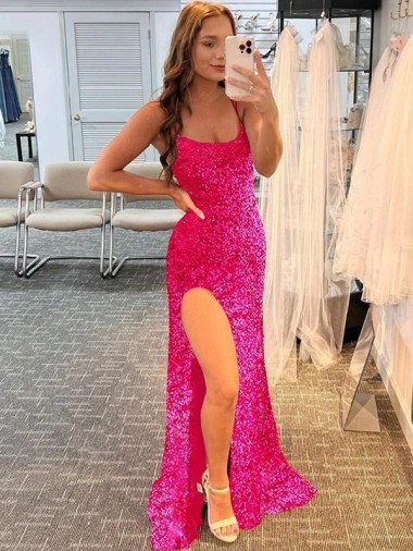 Shop Spaghetti Straps Sleeveless Long Velvet Sequin Prom Dress with Slit and Criss Cross Open Back Melbourne