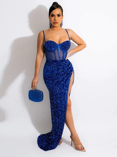Long Sweep Train Spaghetti Straps Sleeveless Velvet Sequin Prom Dress with Slit Melbourne