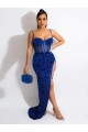 Long Sweep Train Spaghetti Straps Sleeveless Velvet Sequin Prom Dress with Slit Melbourne
