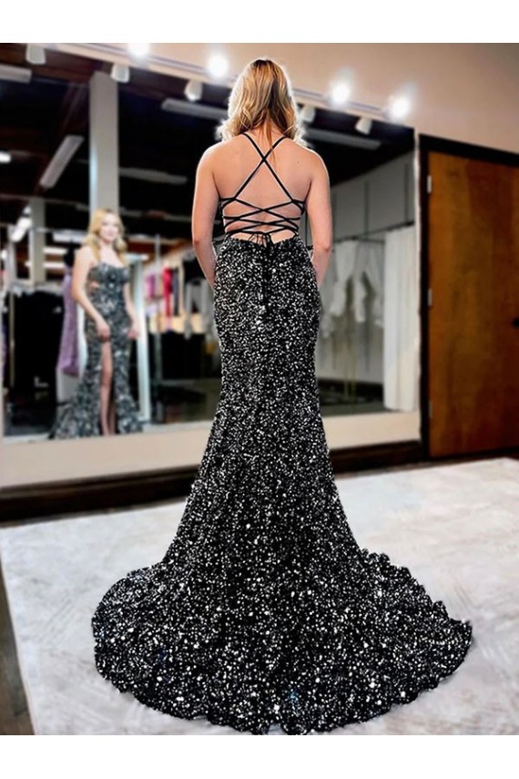 Spaghetti Straps Sleeveless Long Sweep Train Velvet Sequin Prom Dress Melbourne