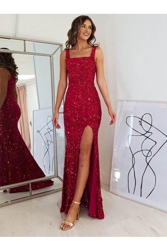 Square Neck Sleeveless Long Velvet Sequin Prom Dress with Slit Melbourne