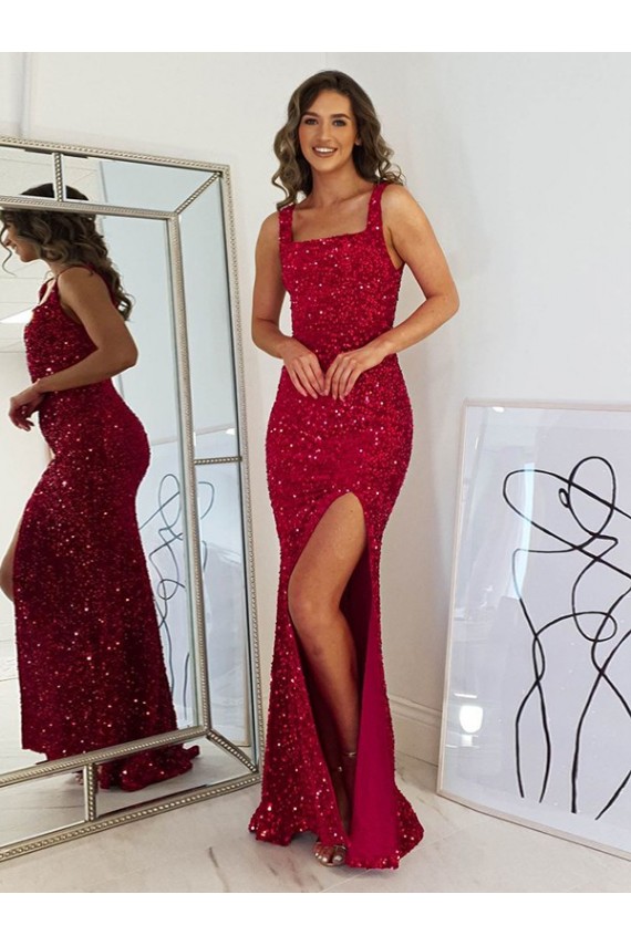 Square Neck Sleeveless Long Velvet Sequin Prom Dress with Slit Melbourne
