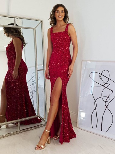 Square Neck Sleeveless Long Velvet Sequin Prom Dress with Slit Melbourne