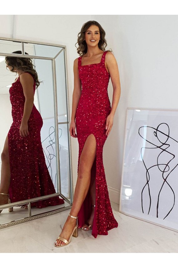 Square Neck Sleeveless Long Velvet Sequin Prom Dress with Slit Melbourne