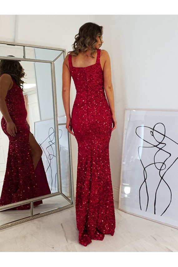 Square Neck Sleeveless Long Velvet Sequin Prom Dress with Slit Melbourne