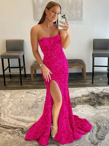 Strapless Sleeveless Long Sweep Train Velvet Sequin Prom Dress with Side Slit Melbourne