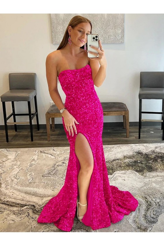 Strapless Sleeveless Long Sweep Train Velvet Sequin Prom Dress with Side Slit Melbourne