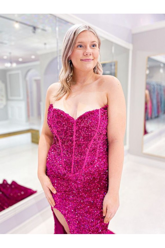 Long Sweetheart Sleeveless Sweep Train Velvet Sequin Prom Dress with Slit Melbourne