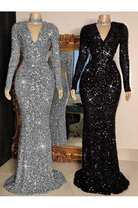 V-Neck Long Sleeves Long Sweep Train Velvet Sequin Prom Dress Melbourne