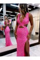 Long V-Neck Sleeveless Sweep Train Velvet Sequin Prom Dress with High Slit Melbourne