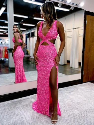 Long V-Neck Sleeveless Sweep Train Velvet Sequin Prom Dress with High Slit Melbourne