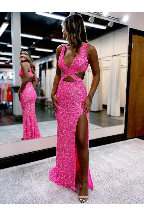 Long V-Neck Sleeveless Sweep Train Velvet Sequin Prom Dress with High Slit Melbourne