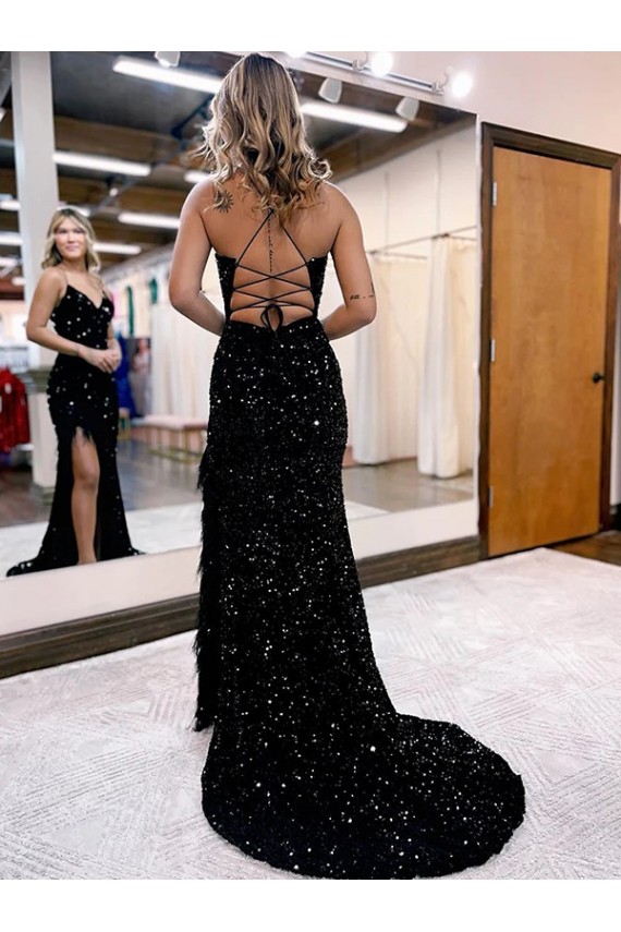 V-Neck Sleeveless Long Velvet Sequin Royal Blue Prom Dress with Side Slit Melbourne