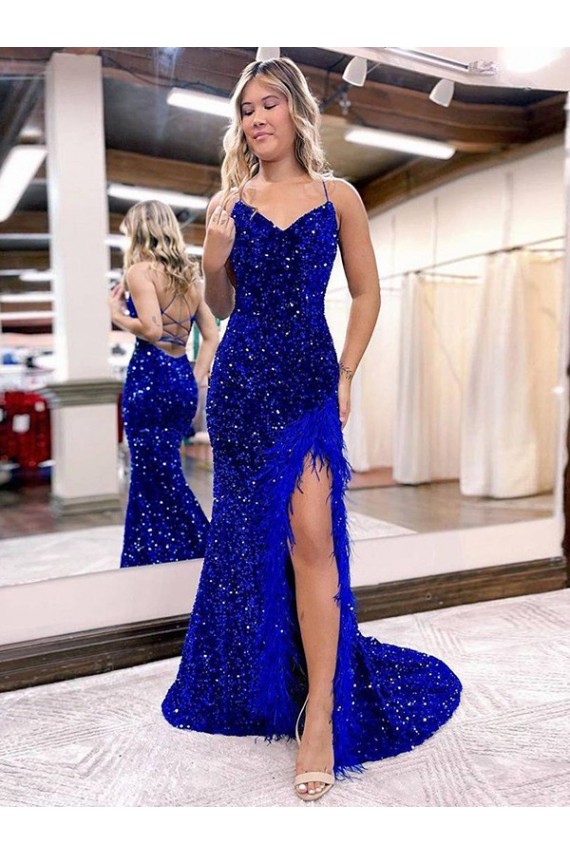 V-Neck Sleeveless Long Velvet Sequin Royal Blue Prom Dress with Side Slit Melbourne