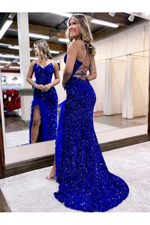 V-Neck Sleeveless Long Velvet Sequin Royal Blue Prom Dress with Side Slit Melbourne