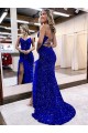 V-Neck Sleeveless Long Velvet Sequin Royal Blue Prom Dress with Side Slit Melbourne