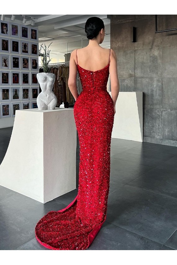 V-Neck Sleeveless Long Sweep Train Velvet Sequin Prom Dress with High Side Slit Melbourne