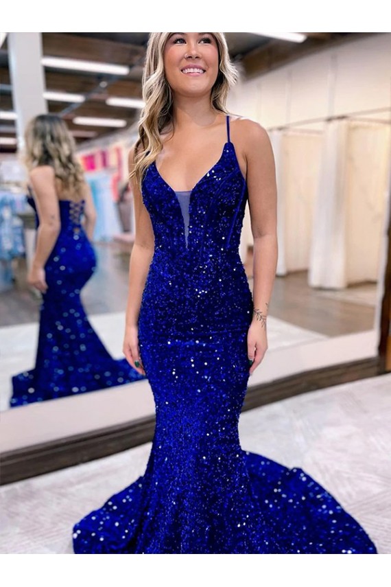 Mermaid V-Neck Sleeveless Long Court Train Velvet Sequin Prom Dress Melbourne