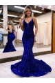 Mermaid V-Neck Sleeveless Long Court Train Velvet Sequin Prom Dress Melbourne