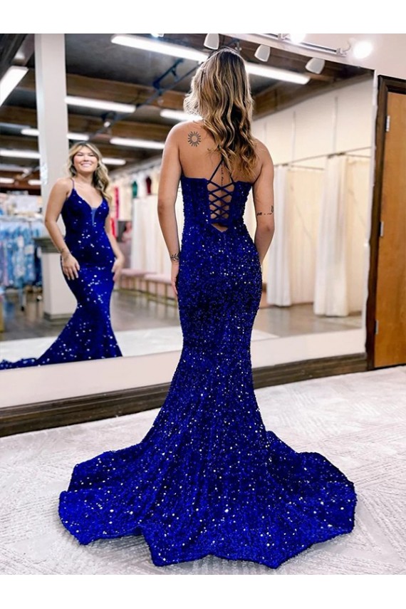 Mermaid V-Neck Sleeveless Long Court Train Velvet Sequin Prom Dress Melbourne