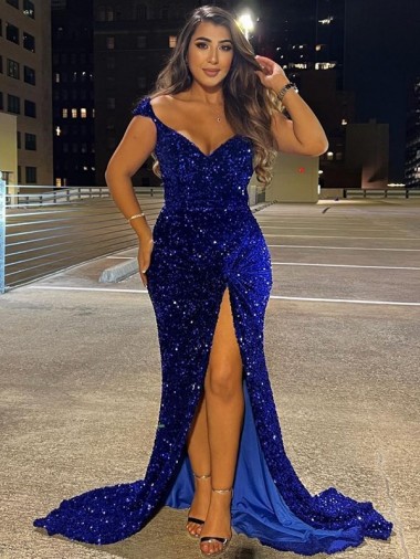 V-Neck Sleeveless Long Sweep Train Velvet Sequin Prom Dress with Slit Melbourne